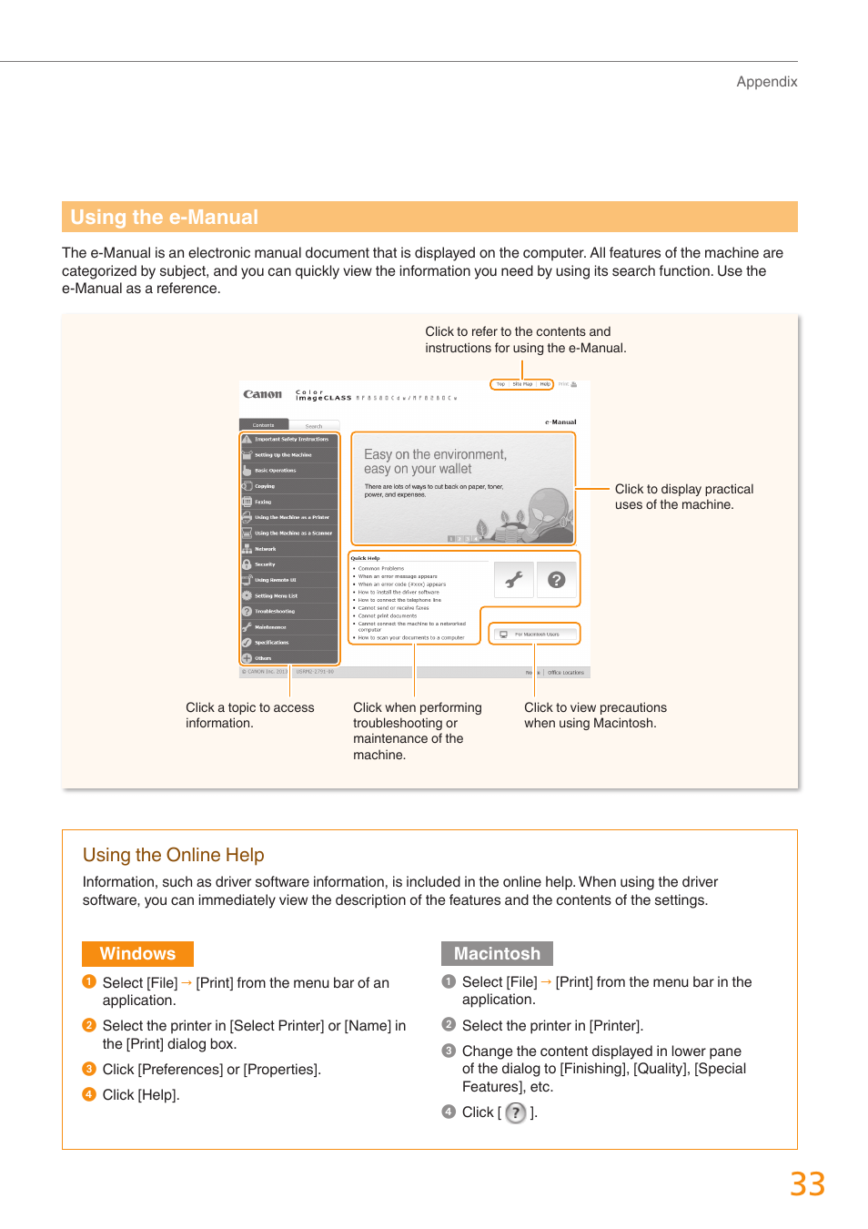 Using the e-manual, Using the online help | Canon Color imageCLASS MF8280Cw User Manual | Page 33 / 36