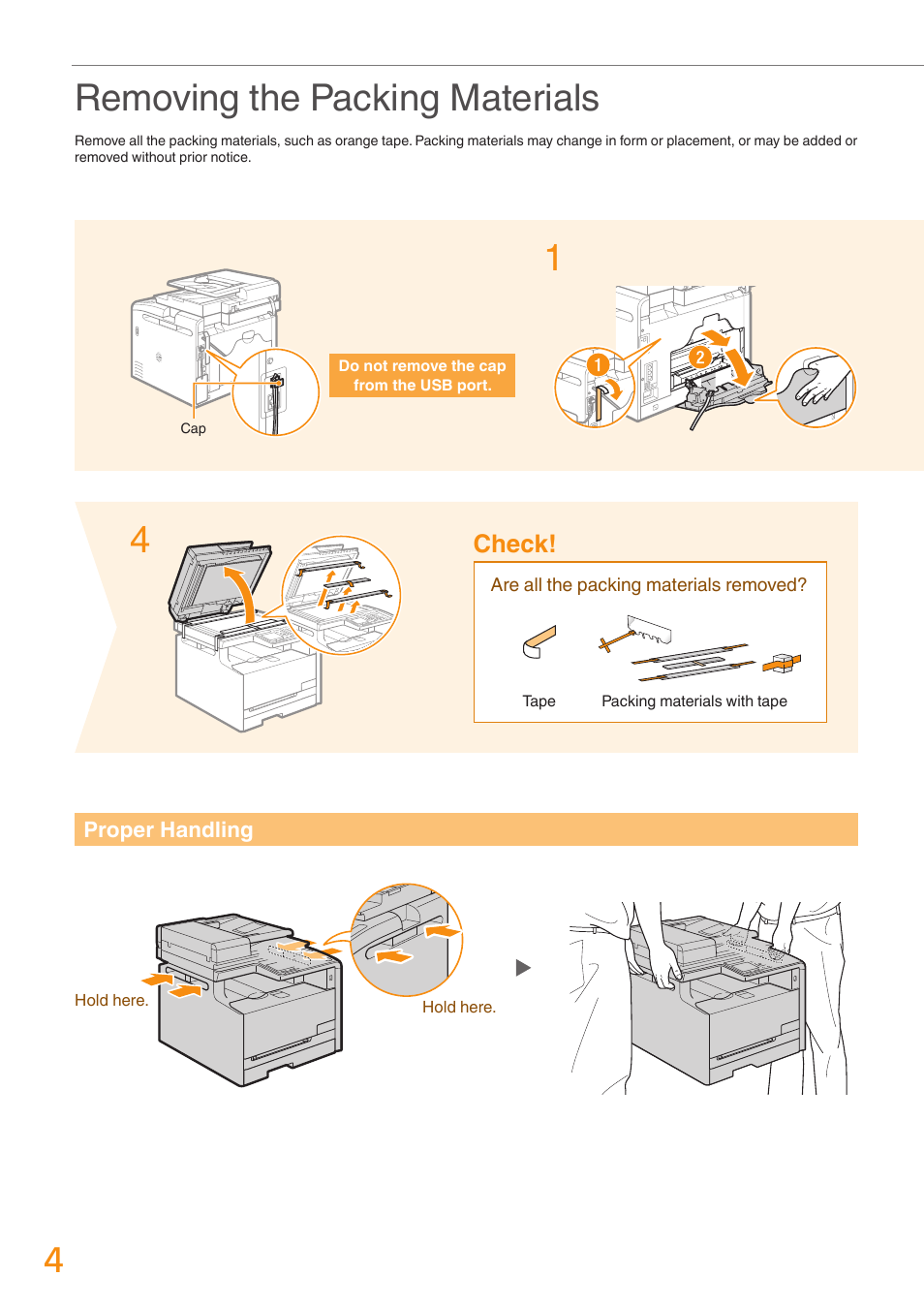 Removing the packing materials | Canon Color imageCLASS MF8280Cw User Manual | Page 4 / 36