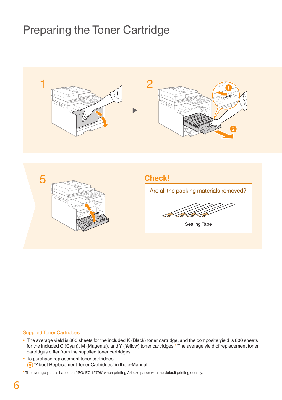 Preparing the toner cartridge 1 5 2 | Canon Color imageCLASS MF8280Cw User Manual | Page 6 / 36