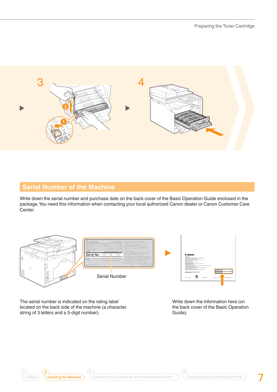 Serial number of the machine, Preparing the toner cartridge, Serial number | Canon Color imageCLASS MF8280Cw User Manual | Page 7 / 36
