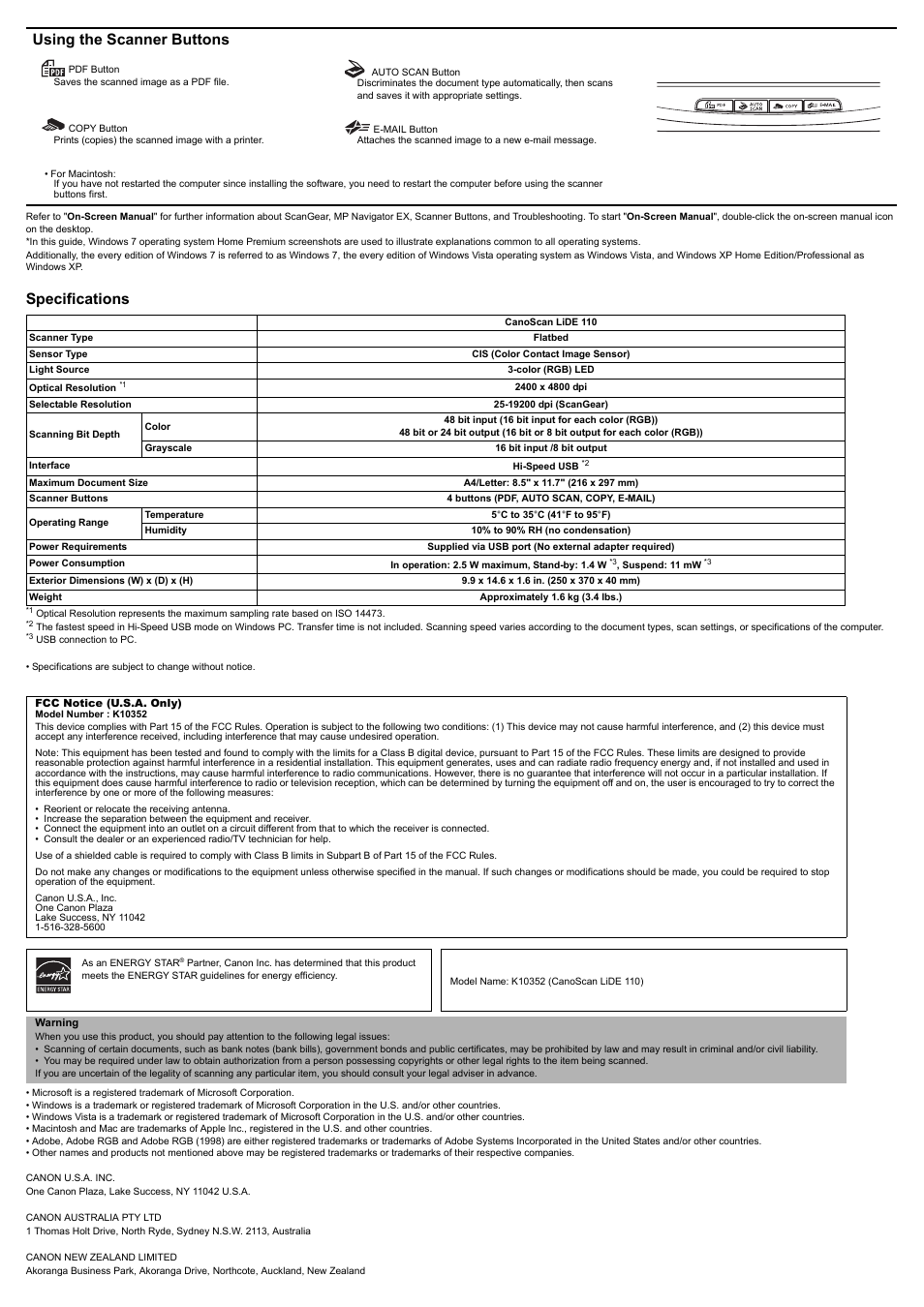 Specifications, Using the scanner buttons | Canon CanoScan LiDE110 User Manual | Page 2 / 2