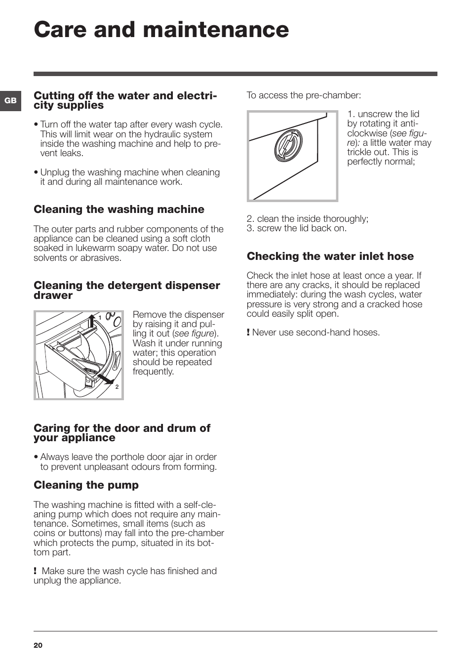 Care and maintenance | Hotpoint Ariston da incasso AWM 108 (EU).N User Manual | Page 20 / 56