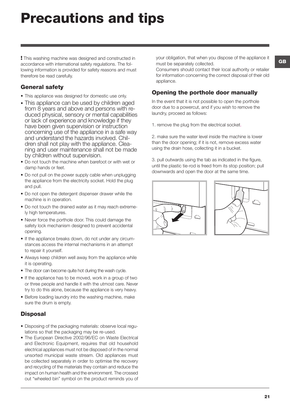 Precautions and tips | Hotpoint Ariston da incasso AWM 108 (EU).N User Manual | Page 21 / 56