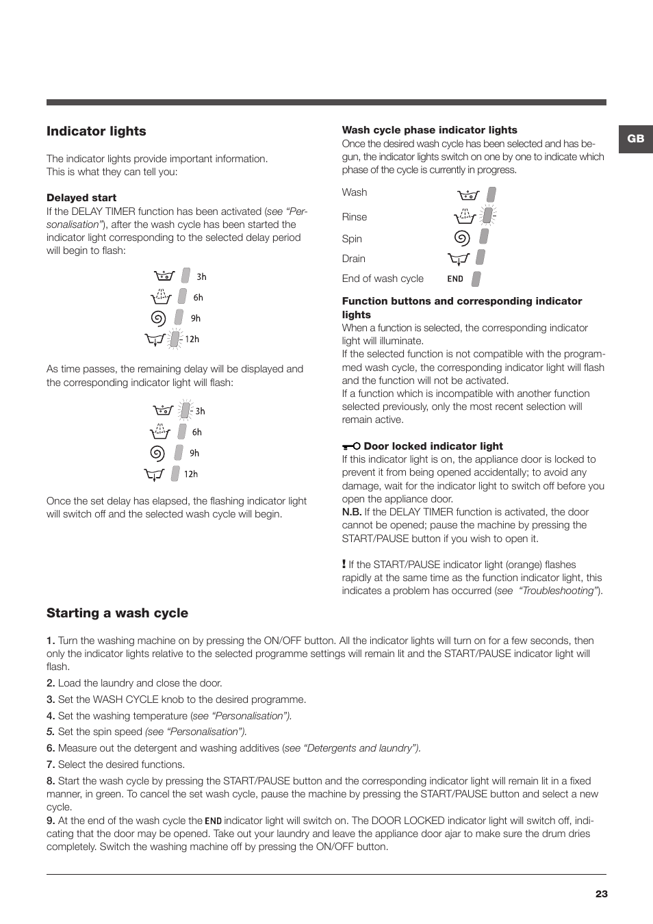 Indicator lights, Starting a wash cycle | Hotpoint Ariston da incasso AWM 108 (EU).N User Manual | Page 23 / 56