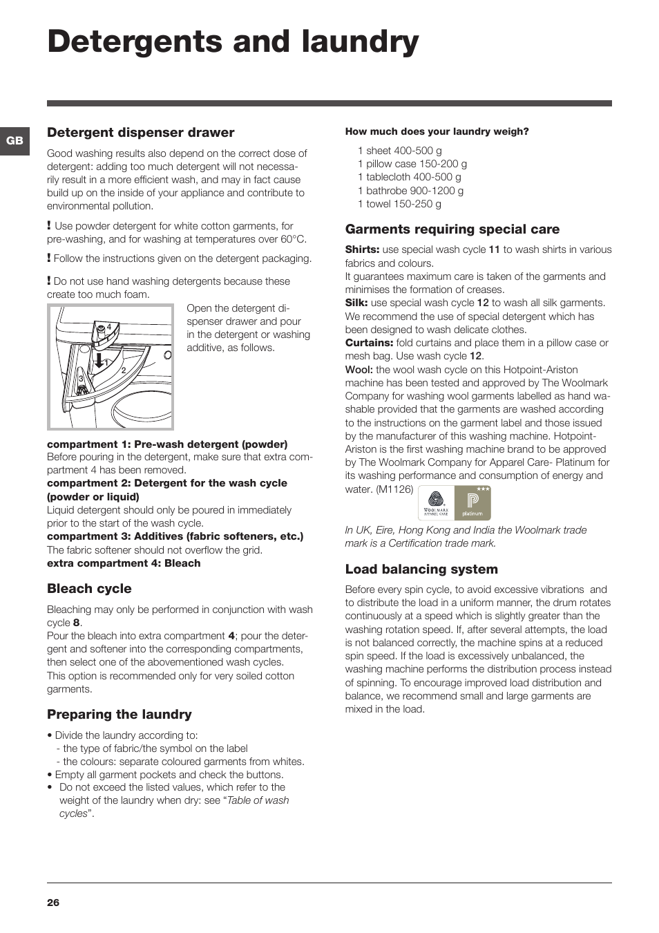 Detergents and laundry | Hotpoint Ariston da incasso AWM 108 (EU).N User Manual | Page 26 / 56