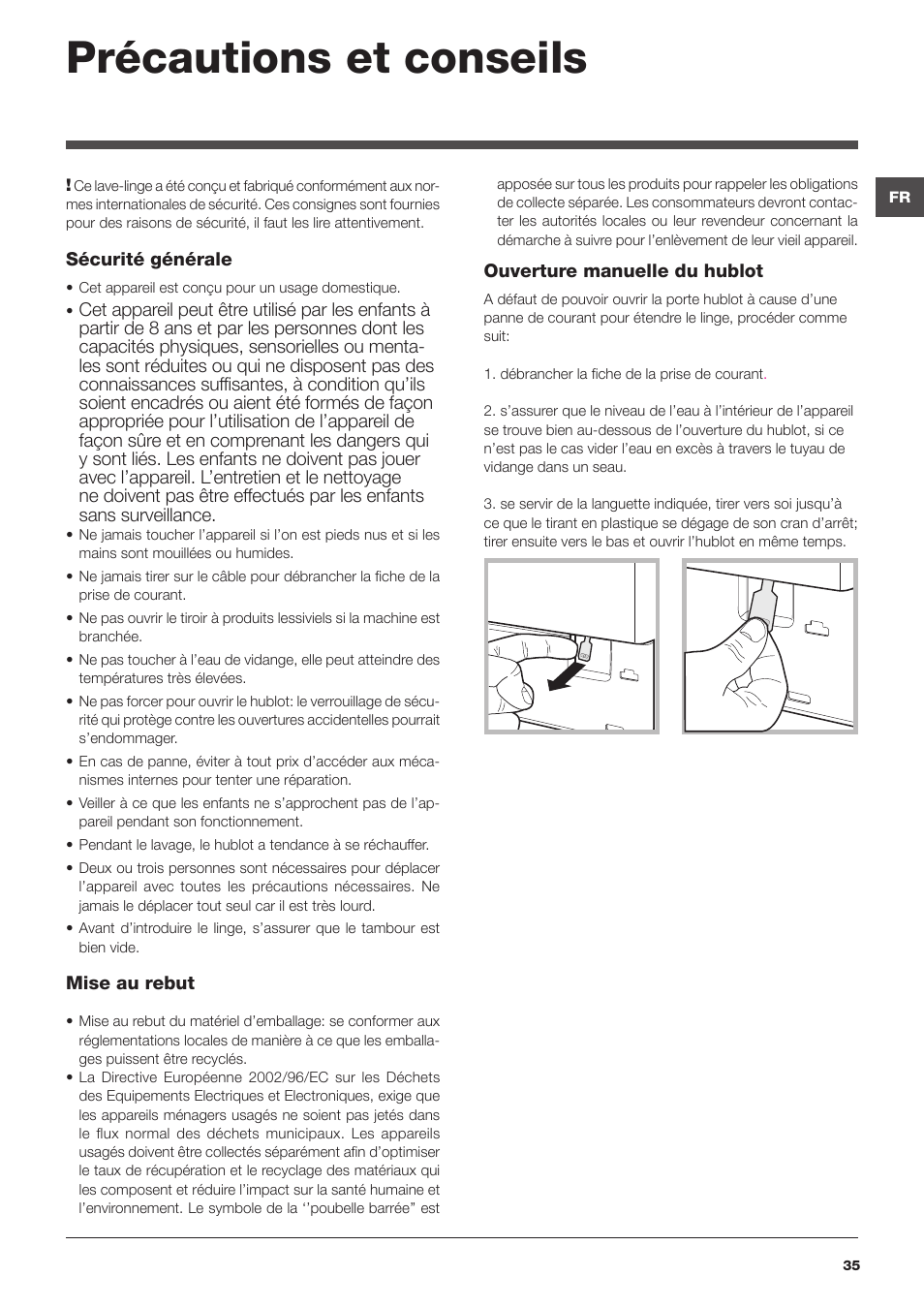 Précautions et conseils | Hotpoint Ariston da incasso AWM 108 (EU).N User Manual | Page 35 / 56