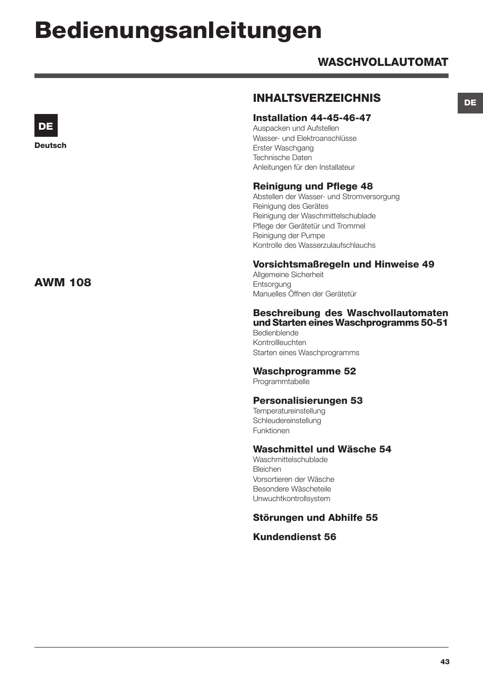 Bedienungsanleitungen | Hotpoint Ariston da incasso AWM 108 (EU).N User Manual | Page 43 / 56