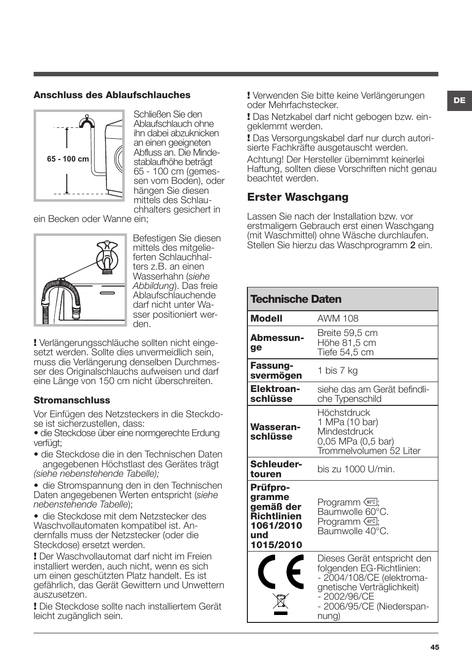 Hotpoint Ariston da incasso AWM 108 (EU).N User Manual | Page 45 / 56