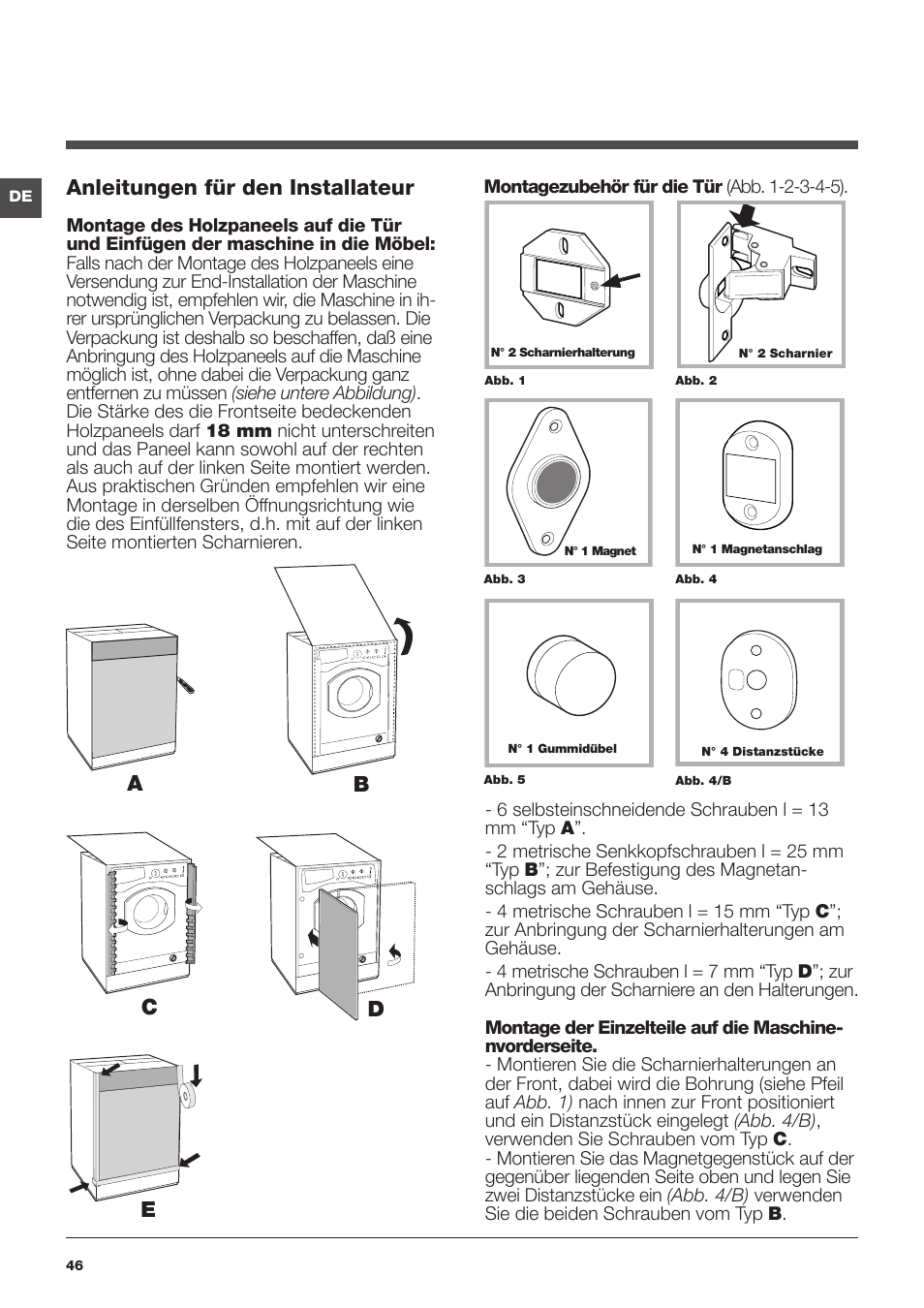 Anleitungen für den installateur, Ab c d e | Hotpoint Ariston da incasso AWM 108 (EU).N User Manual | Page 46 / 56