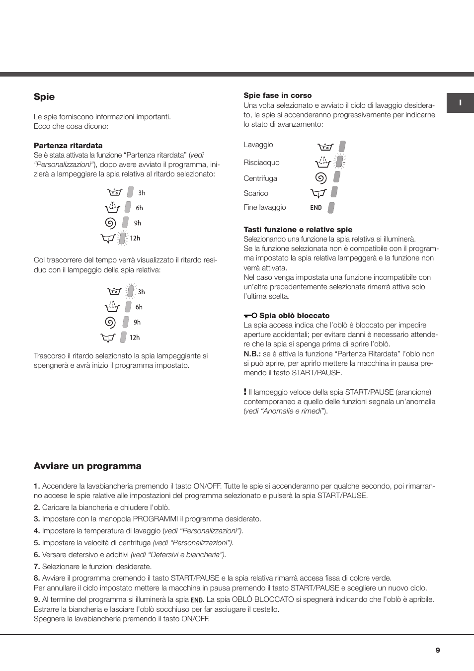 Spie, Avviare un programma | Hotpoint Ariston da incasso AWM 108 (EU).N User Manual | Page 9 / 56