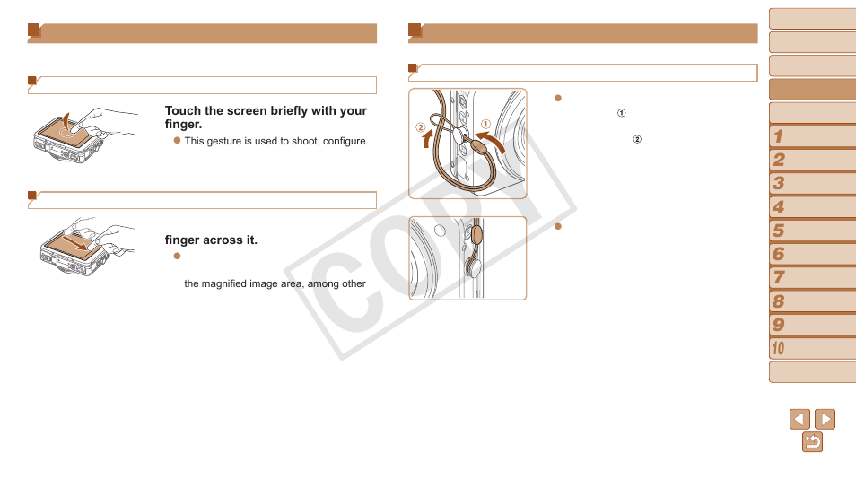 Touch-screen operations, Initial preparations, Cop y | Canon PowerShot N User Manual | Page 10 / 135