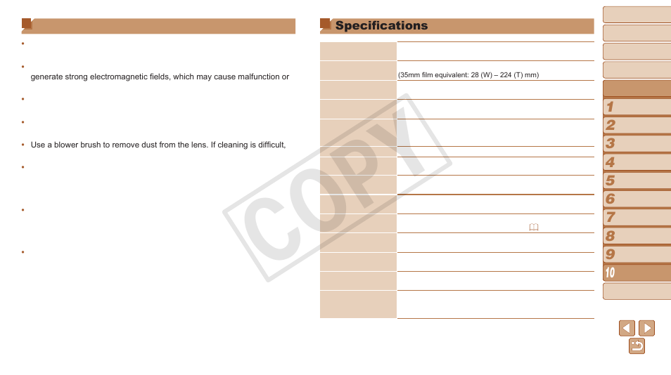 Handling precautions, Specifications, Cop y | Canon PowerShot N User Manual | Page 129 / 135