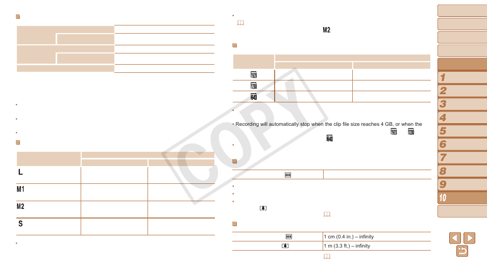 See “number of shots/recording time, playback time, Flash range, Shooting range), see “shooting range | Number of 4:3 shots per memory card, See “recording time per memory card, Resolution, Time, Cop y | Canon PowerShot N User Manual | Page 130 / 135