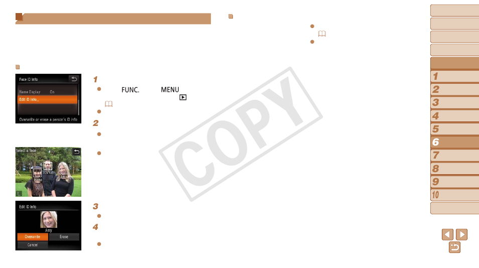 Editing face id information, Cop y | Canon PowerShot N User Manual | Page 70 / 135