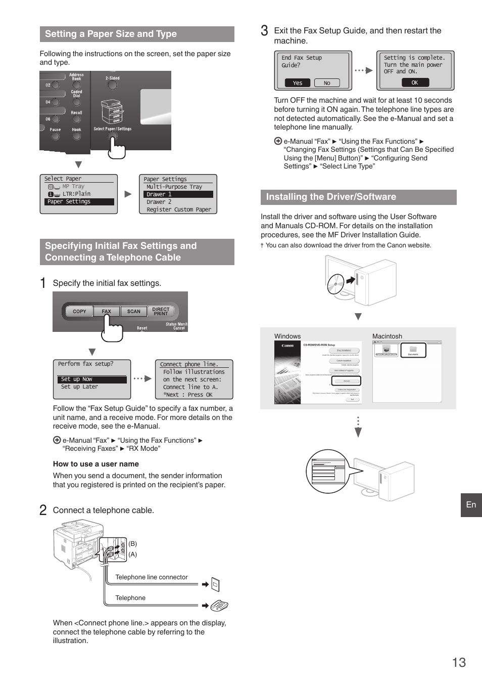 Setting a paper size and type, Installing the driver/software | Canon imageCLASS MF6160dw User Manual | Page 13 / 64