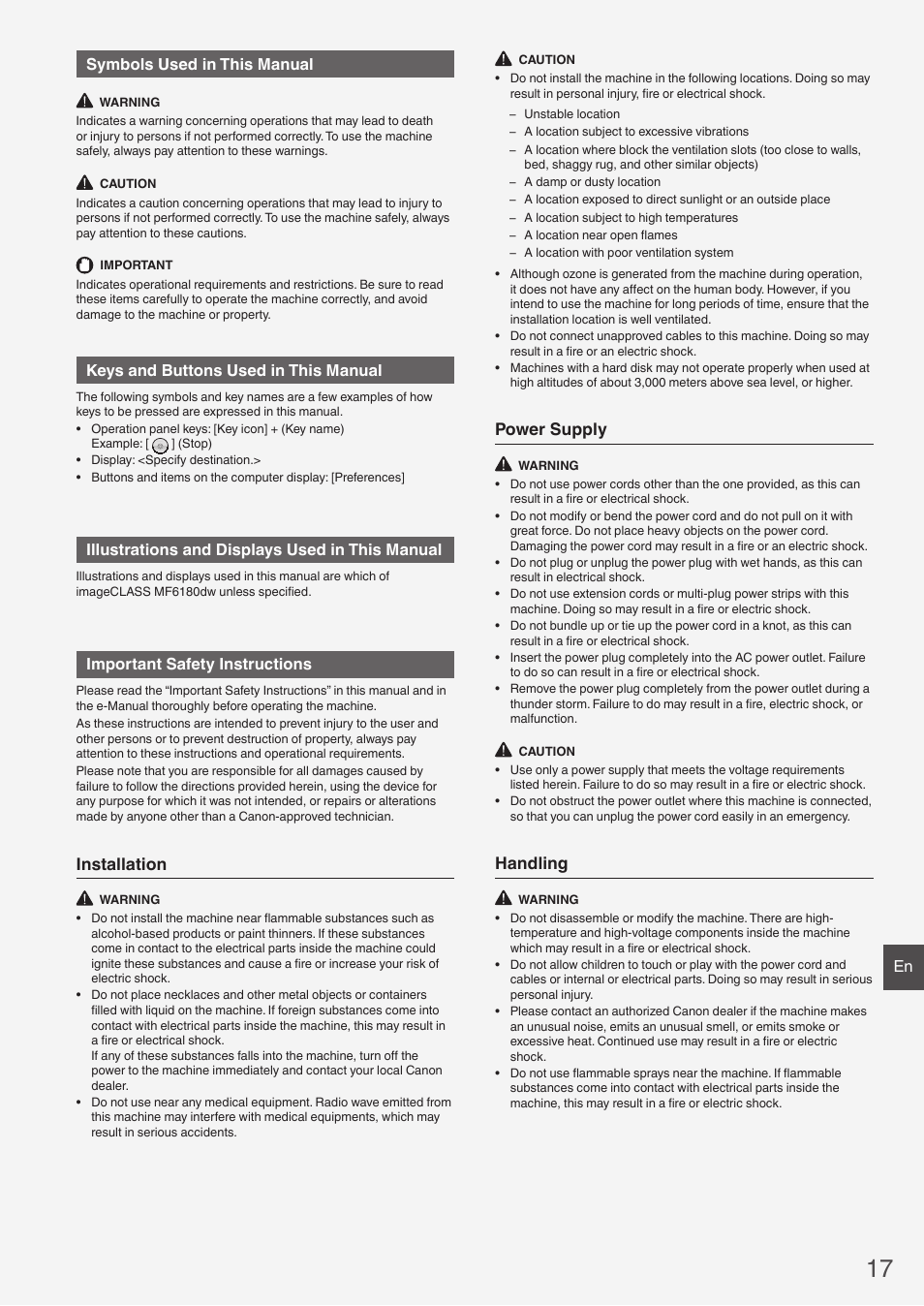 Installation, Power supply, Handling | En symbols used in this manual, Keys and buttons used in this manual, Illustrations and displays used in this manual, Important safety instructions | Canon imageCLASS MF6160dw User Manual | Page 17 / 64