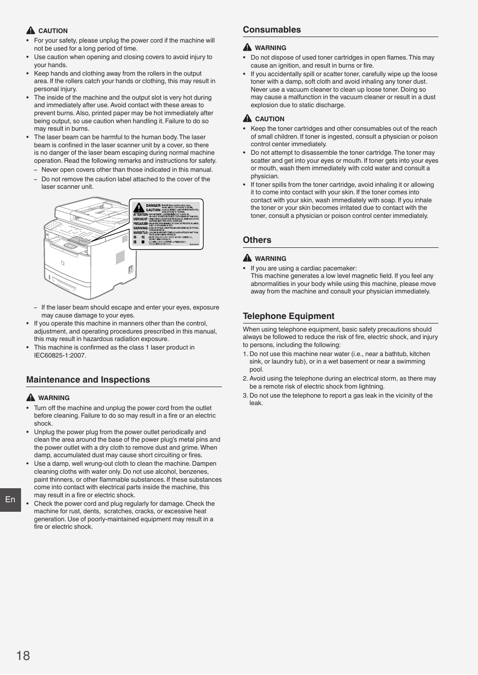 Maintenance and inspections, Consumables, Others | Telephone equipment | Canon imageCLASS MF6160dw User Manual | Page 18 / 64