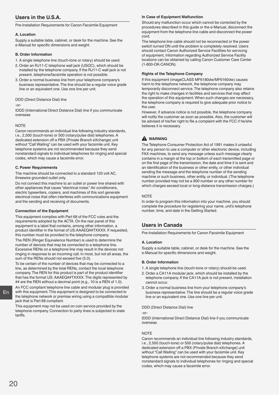 Users in the u.s.a, Users in canada | Canon imageCLASS MF6160dw User Manual | Page 20 / 64
