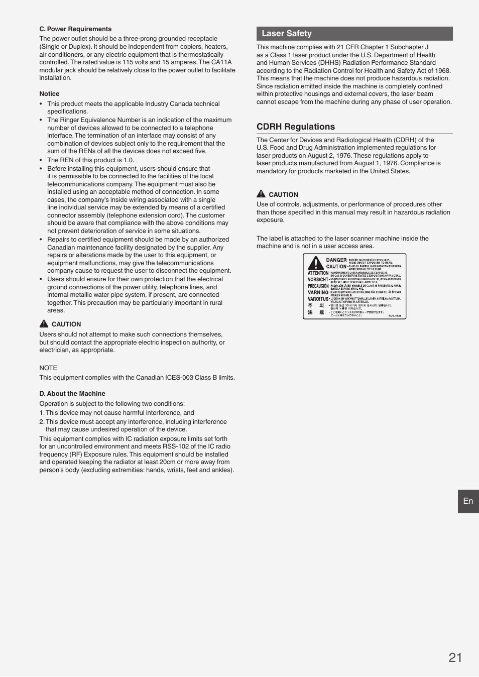 Cdrh regulations, Laser safety | Canon imageCLASS MF6160dw User Manual | Page 21 / 64