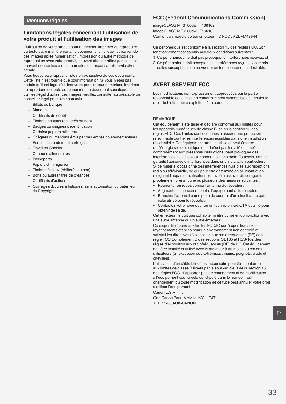 Fcc (federal communications commission), Avertissement fcc, Fr mentions légales | Canon imageCLASS MF6160dw User Manual | Page 33 / 64