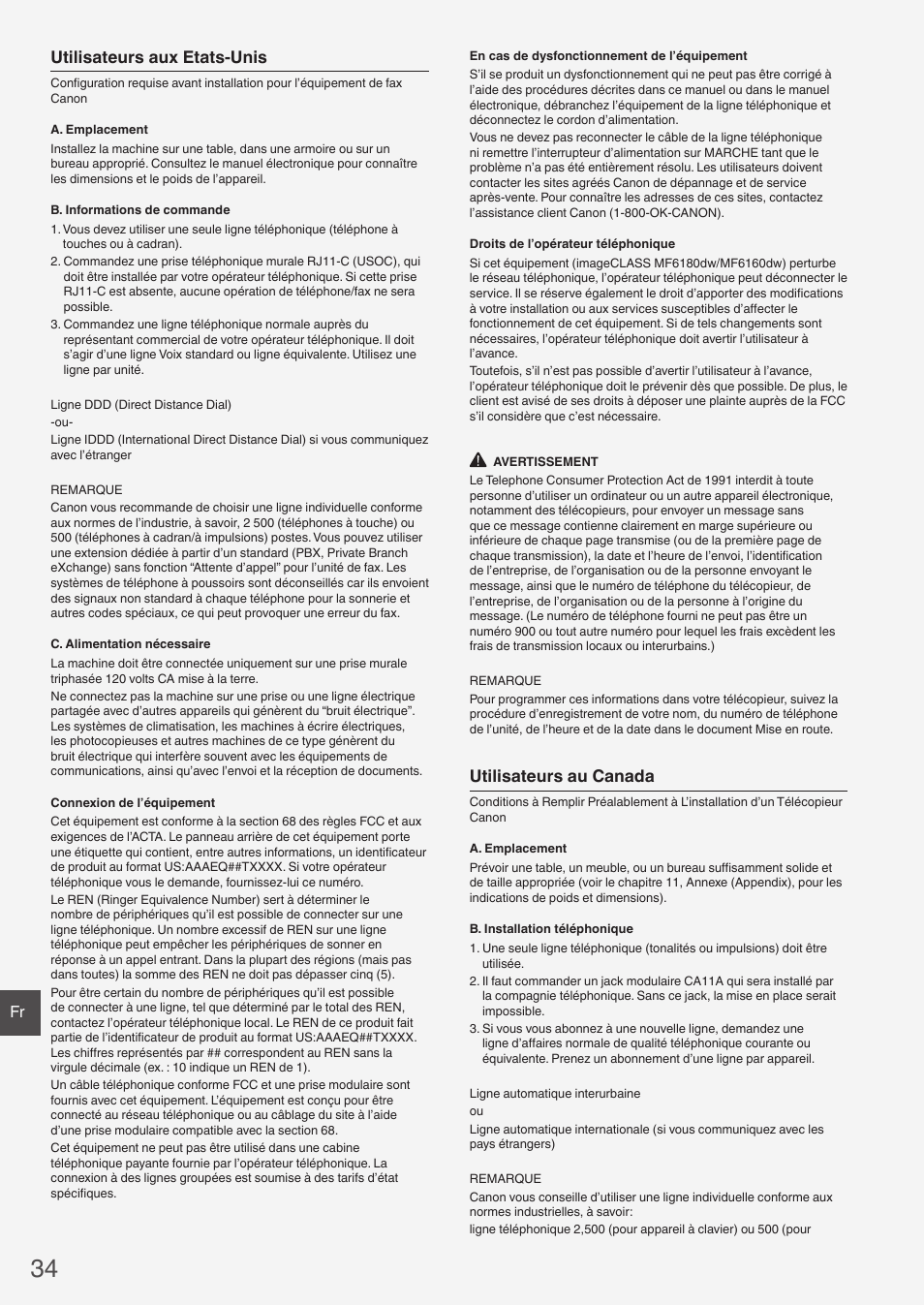 Utilisateurs aux etats-unis, Utilisateurs au canada | Canon imageCLASS MF6160dw User Manual | Page 34 / 64