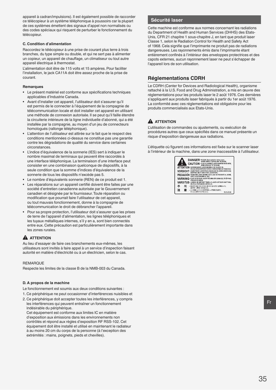 Réglementations cdrh, Sécurité laser | Canon imageCLASS MF6160dw User Manual | Page 35 / 64