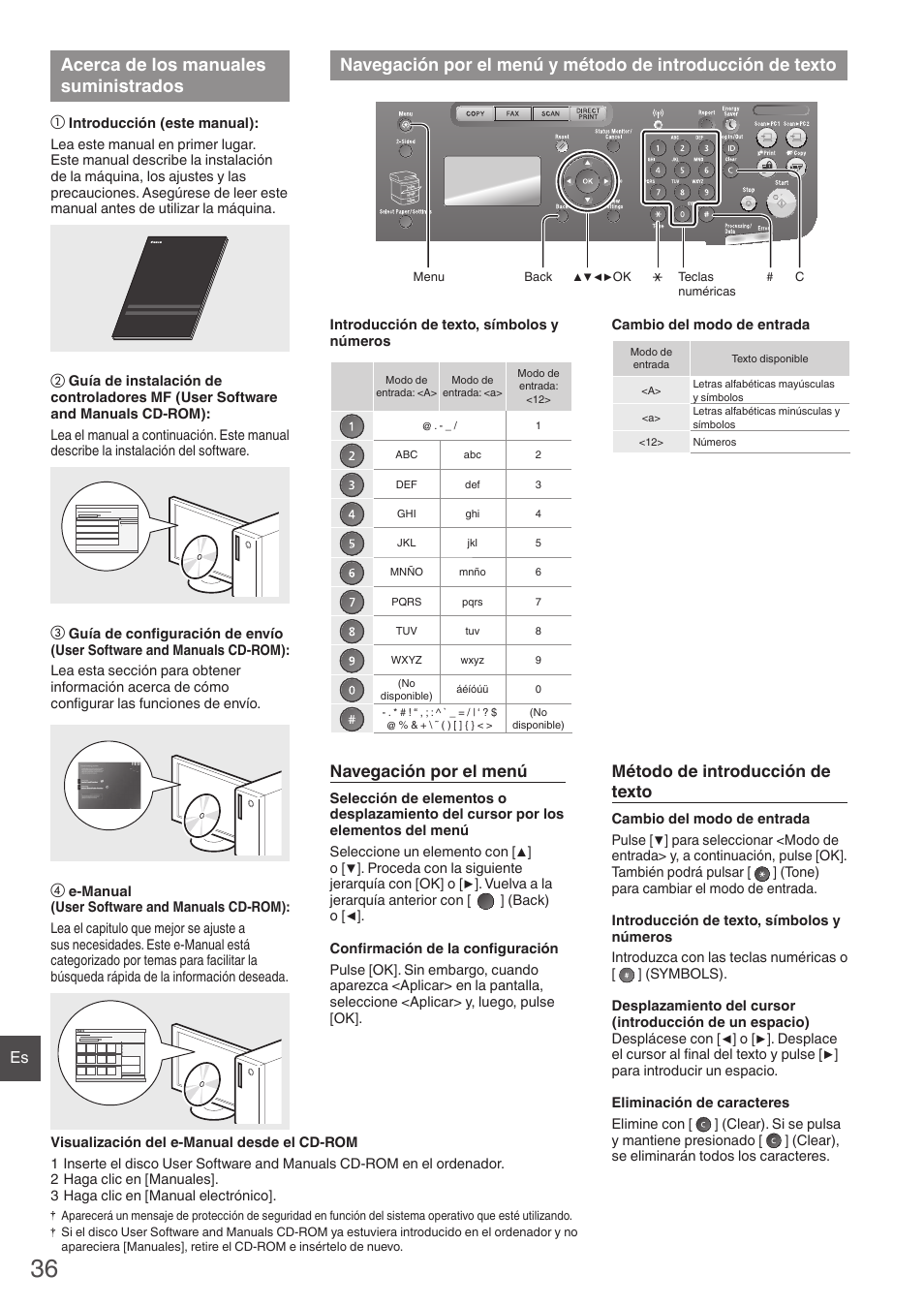Acerca de los manuales suministrados, Navegación por el menú, Método de introducción de texto | Canon imageCLASS MF6160dw User Manual | Page 36 / 64