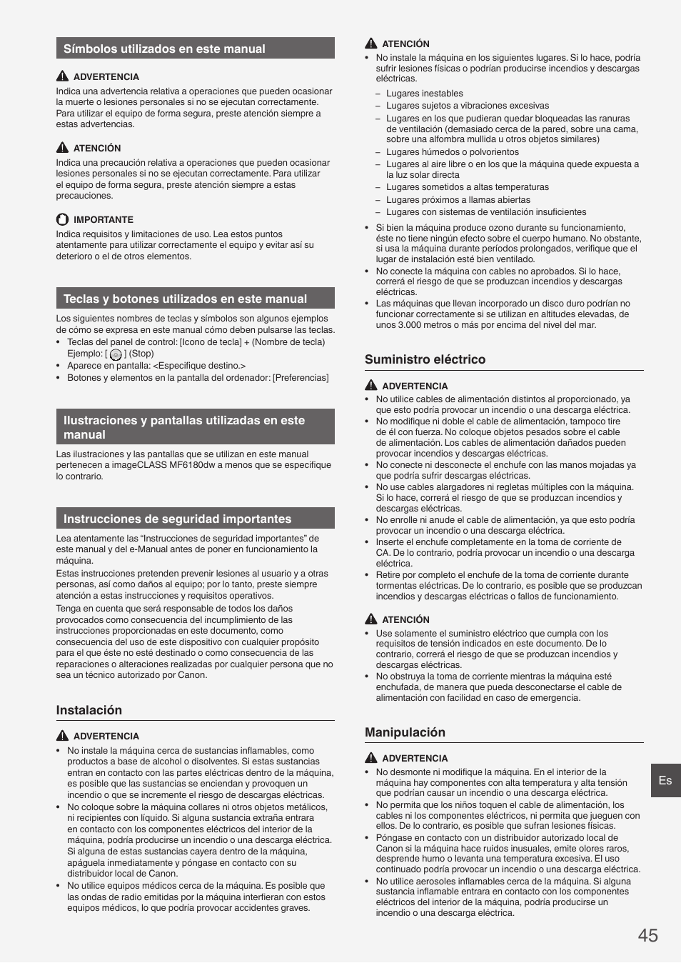 Instalación, Suministro eléctrico, Manipulación | Es símbolos utilizados en este manual, Teclas y botones utilizados en este manual, Instrucciones de seguridad importantes | Canon imageCLASS MF6160dw User Manual | Page 45 / 64