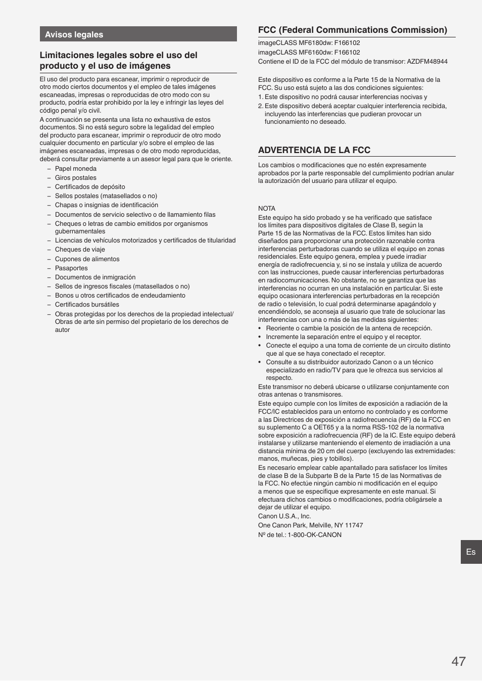 Fcc (federal communications commission), Advertencia de la fcc, Es avisos legales | Canon imageCLASS MF6160dw User Manual | Page 47 / 64