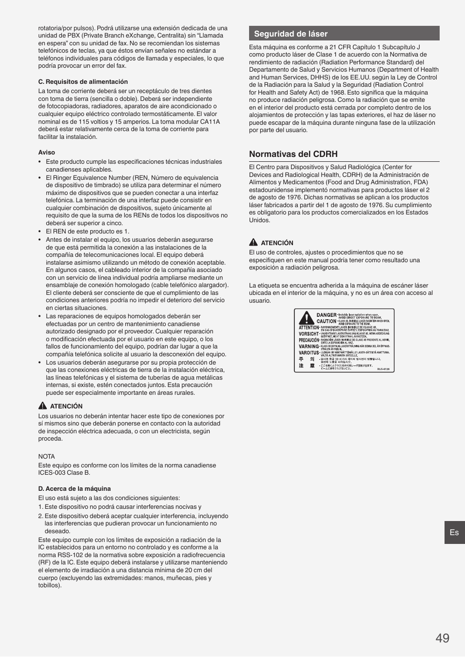 Normativas del cdrh, Seguridad de láser | Canon imageCLASS MF6160dw User Manual | Page 49 / 64