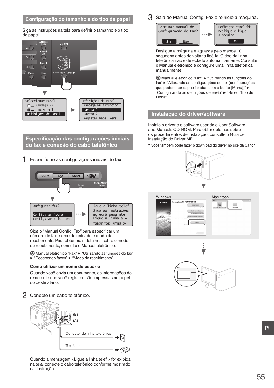 Confi guração do tamanho e do tipo de papel, Instalação do driver/software | Canon imageCLASS MF6160dw User Manual | Page 55 / 64