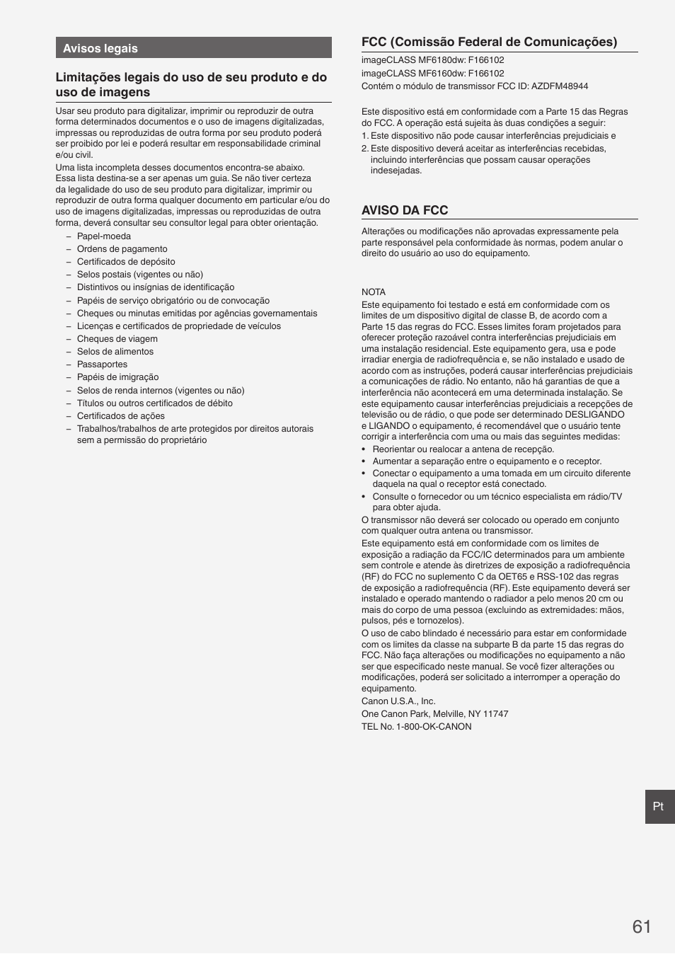 Fcc (comissão federal de comunicações), Aviso da fcc, Pt avisos legais | Canon imageCLASS MF6160dw User Manual | Page 61 / 64