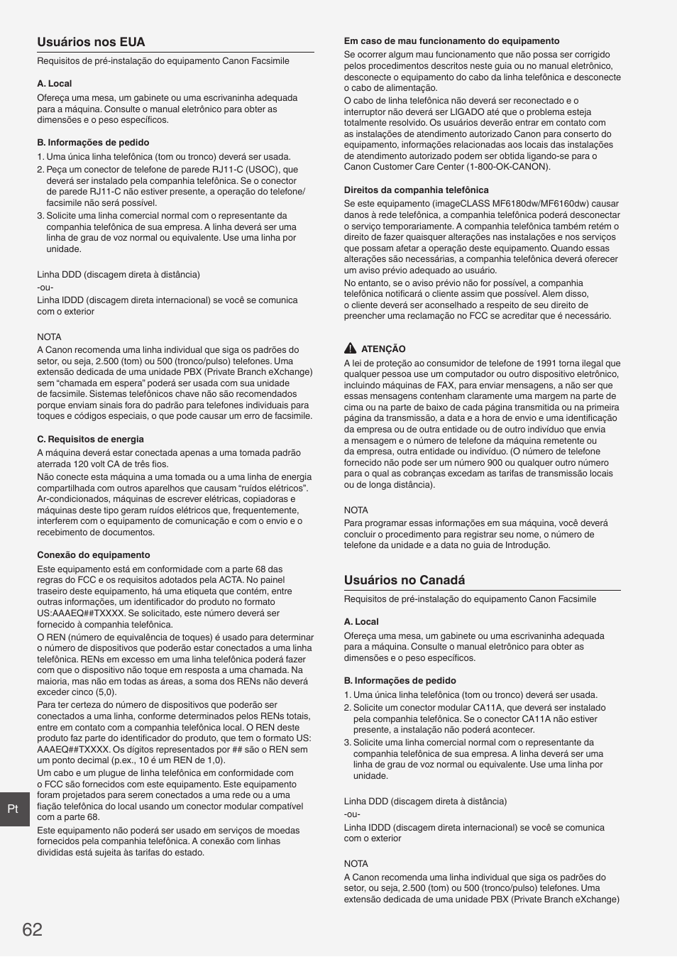 Usuários nos eua, Usuários no canadá | Canon imageCLASS MF6160dw User Manual | Page 62 / 64