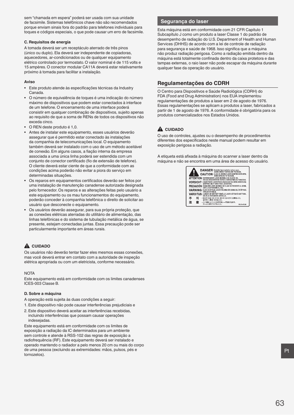 Regulamentações do cdrh, Segurança do laser | Canon imageCLASS MF6160dw User Manual | Page 63 / 64