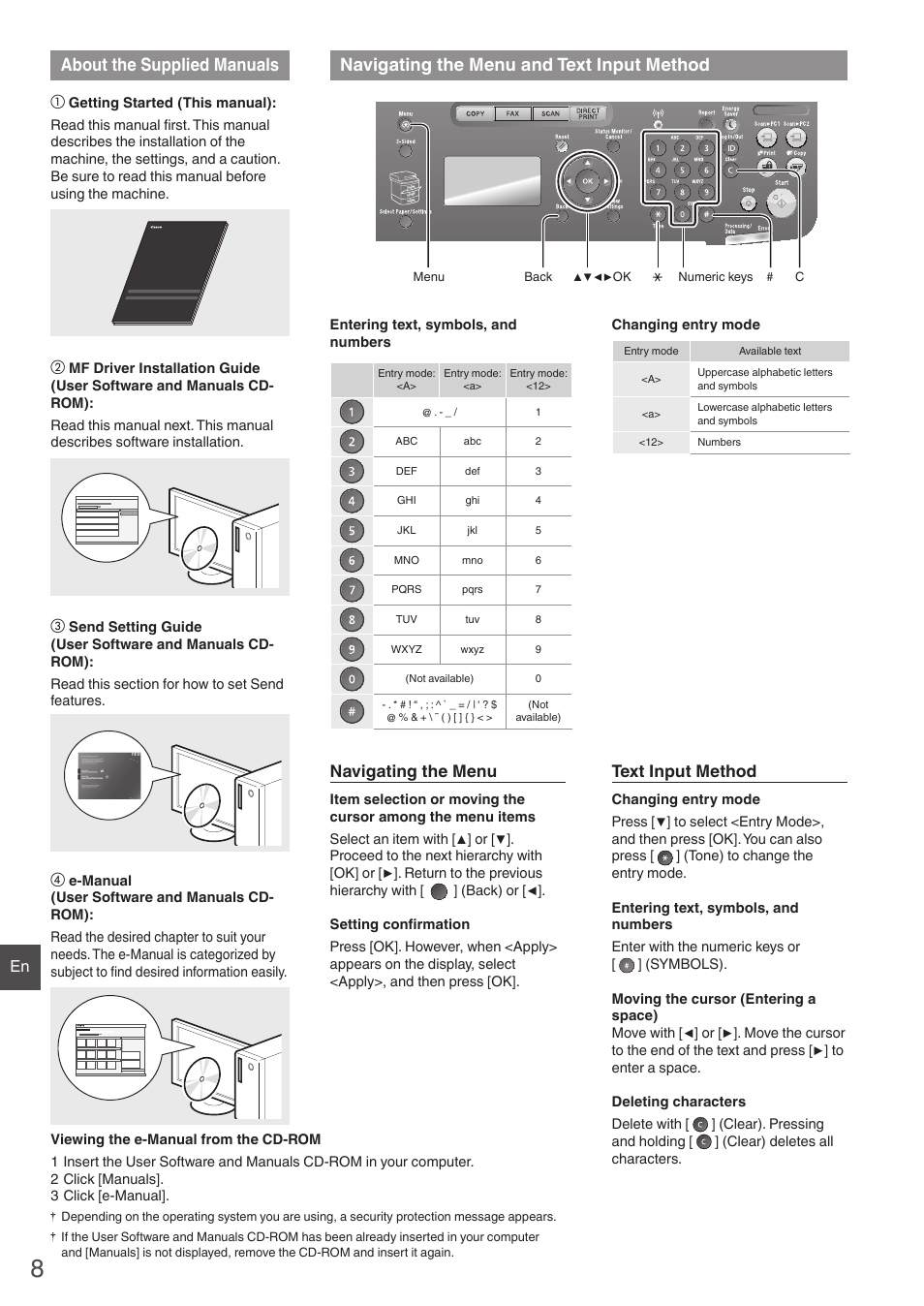 Navigating the menu and text input method, About the supplied manuals, Navigating the menu | Text input method | Canon imageCLASS MF6160dw User Manual | Page 8 / 64