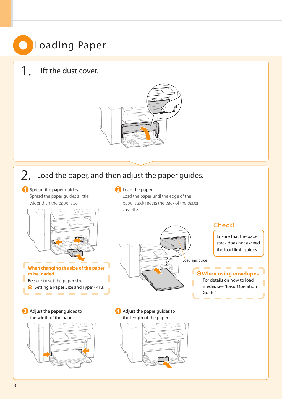 Loading paper, Load the paper, and then adjust the paper guides, Lift the dust cover | Canon imageCLASS D550 User Manual | Page 10 / 28