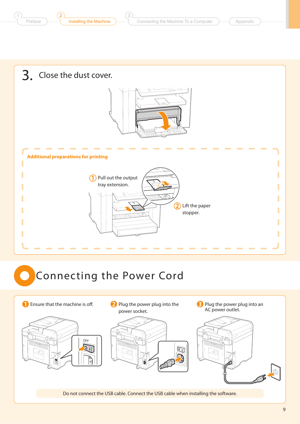 Connecting the power cord, Close the dust cover | Canon imageCLASS D550 User Manual | Page 11 / 28