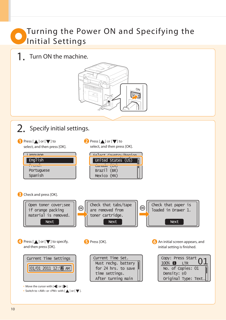 Turn on the machine, Specify initial settings | Canon imageCLASS D550 User Manual | Page 12 / 28