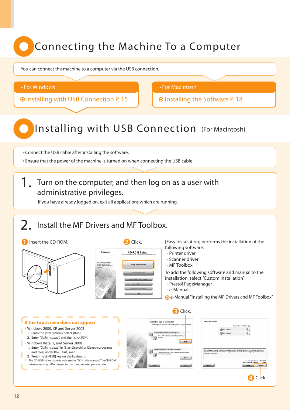 Connecting the machine to a computer, Installing with usb connection, Install the mf drivers and mf toolbox | For macintosh) | Canon imageCLASS D550 User Manual | Page 14 / 28
