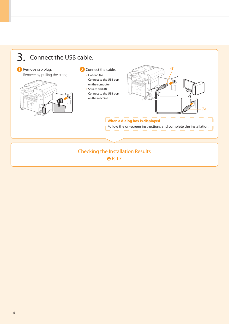 Connect the usb cable, Checking the installation results p . 17 | Canon imageCLASS D550 User Manual | Page 16 / 28