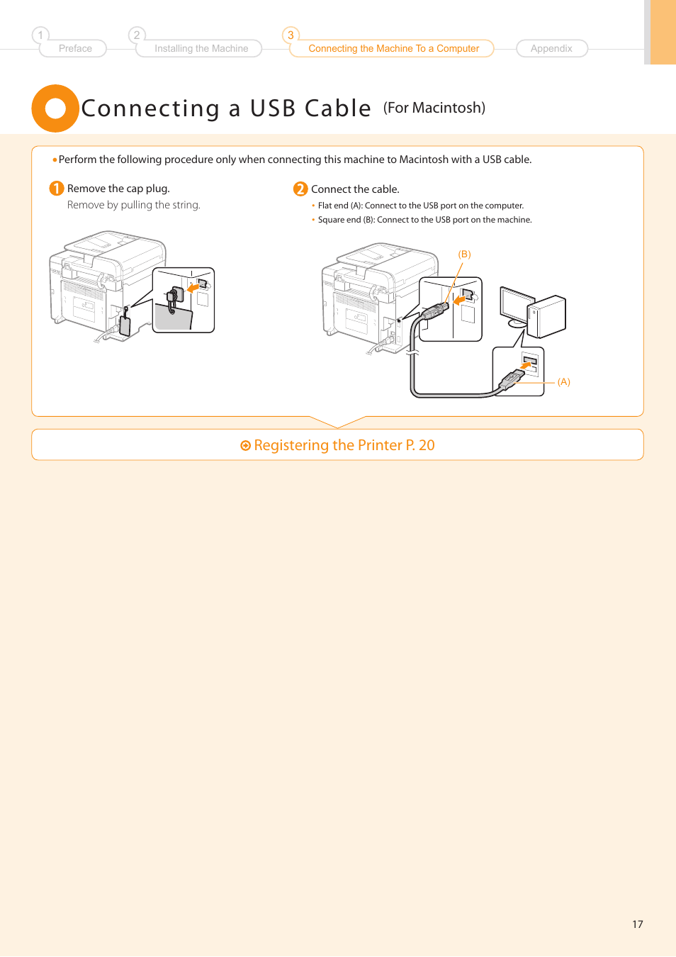 Connecting a usb cable, Registering the printer p . 20, For macintosh) | Canon imageCLASS D550 User Manual | Page 19 / 28