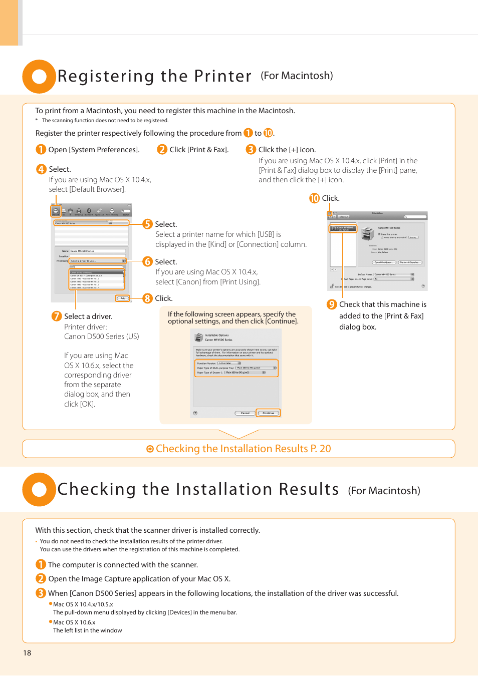 Registering the printer, Checking the installation results, For macintosh) | Checking the installation results p . 20 | Canon imageCLASS D550 User Manual | Page 20 / 28