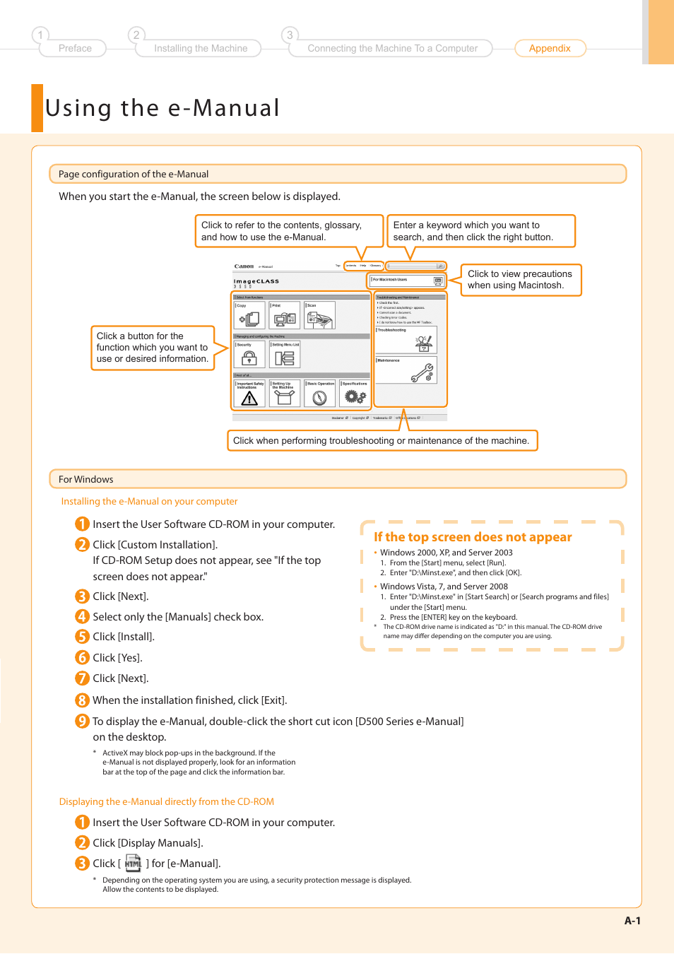 Using the e -manual, If the top screen does not appear | Canon imageCLASS D550 User Manual | Page 21 / 28