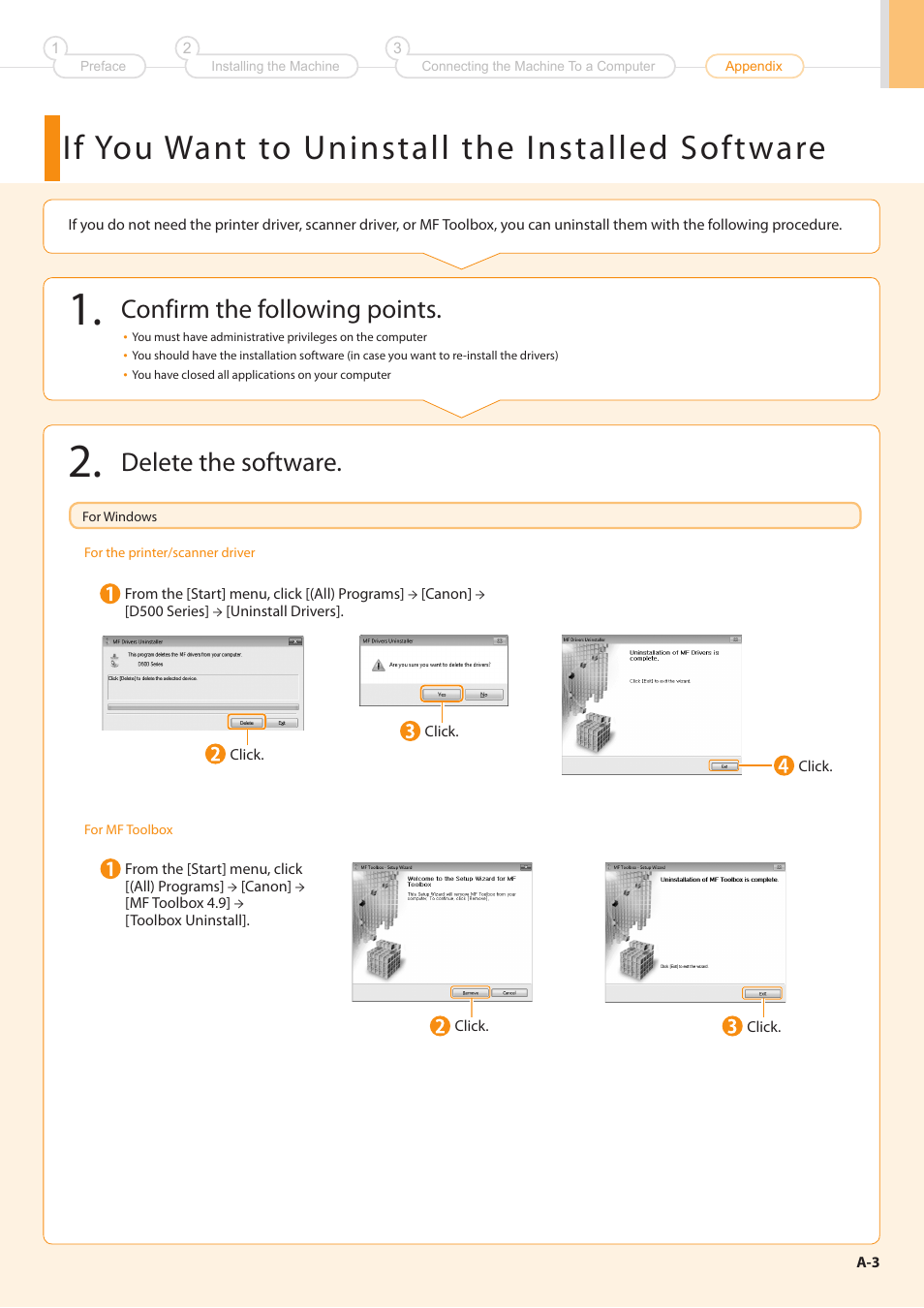 If you want to uninstall the installed software, Confirm the following points, Delete the software | Canon imageCLASS D550 User Manual | Page 23 / 28