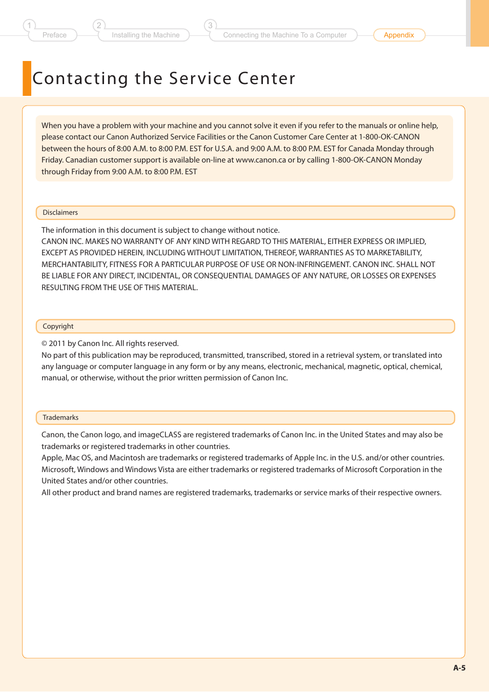 Contacting the ser vice center | Canon imageCLASS D550 User Manual | Page 25 / 28