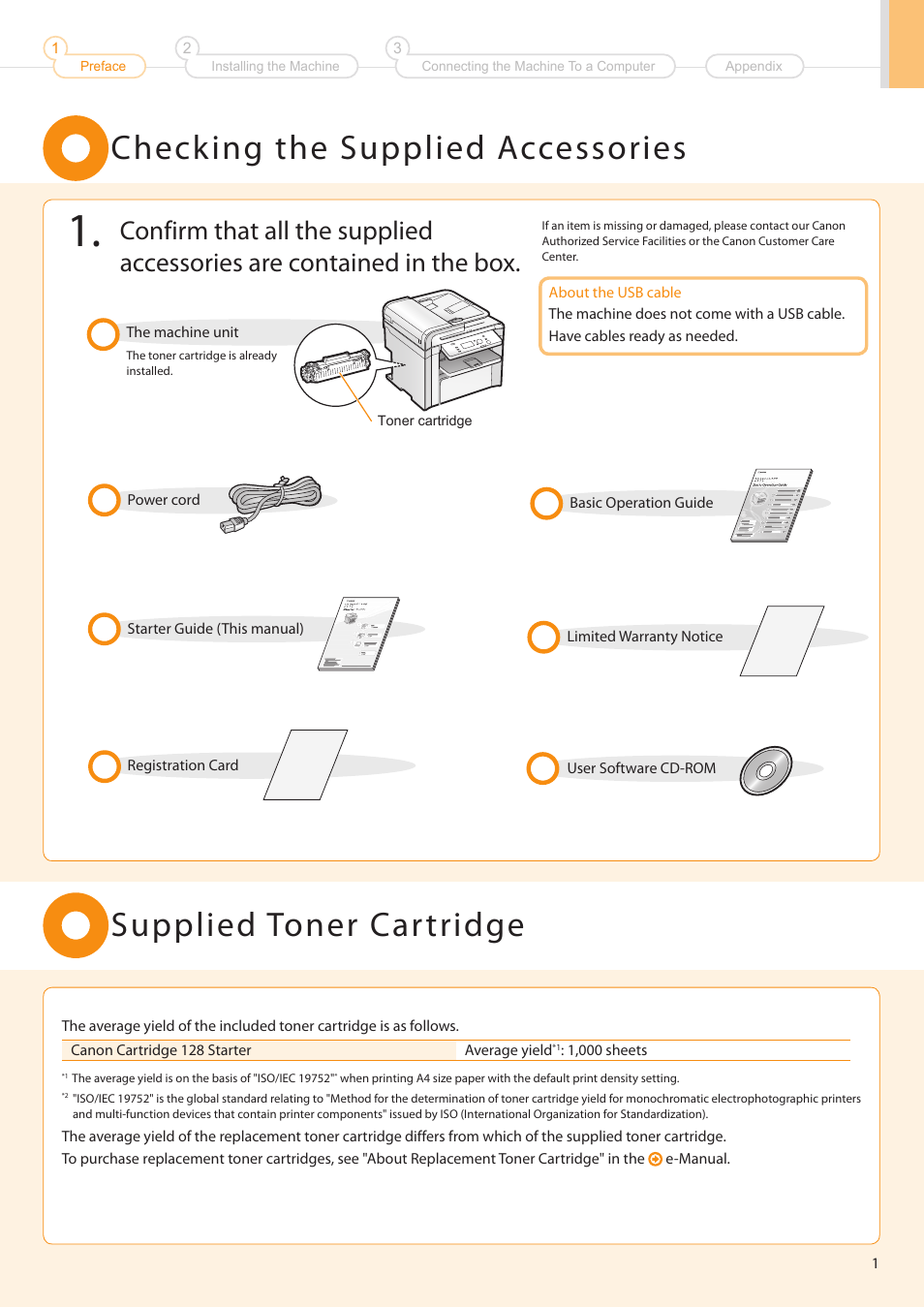 Checking the supplied accessories, Supplied toner car tridge | Canon imageCLASS D550 User Manual | Page 3 / 28