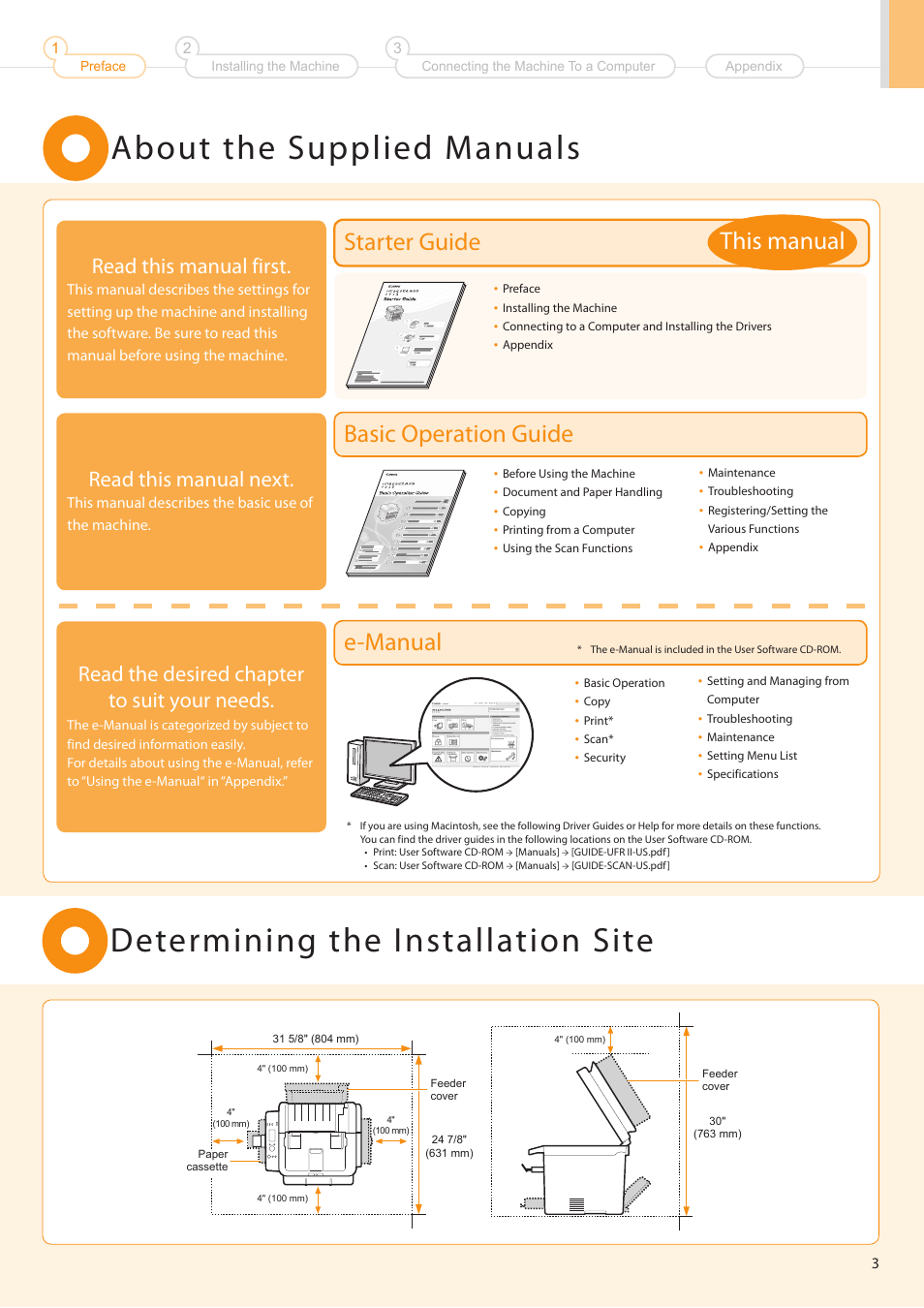 About the supplied manuals, Determining the installation site, Starter guide basic operation guide e-manual | This manual, Read this manual first, Read this manual next, Read the desired chapter to suit your needs | Canon imageCLASS D550 User Manual | Page 5 / 28