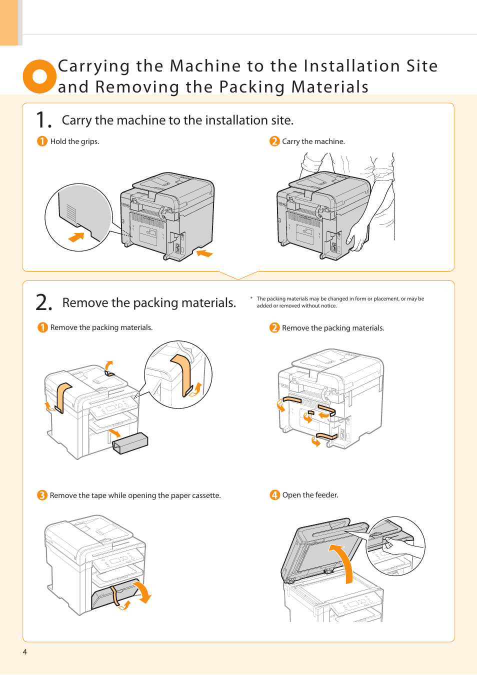 Remove the packing materials, Carry the machine to the installation site | Canon imageCLASS D550 User Manual | Page 6 / 28