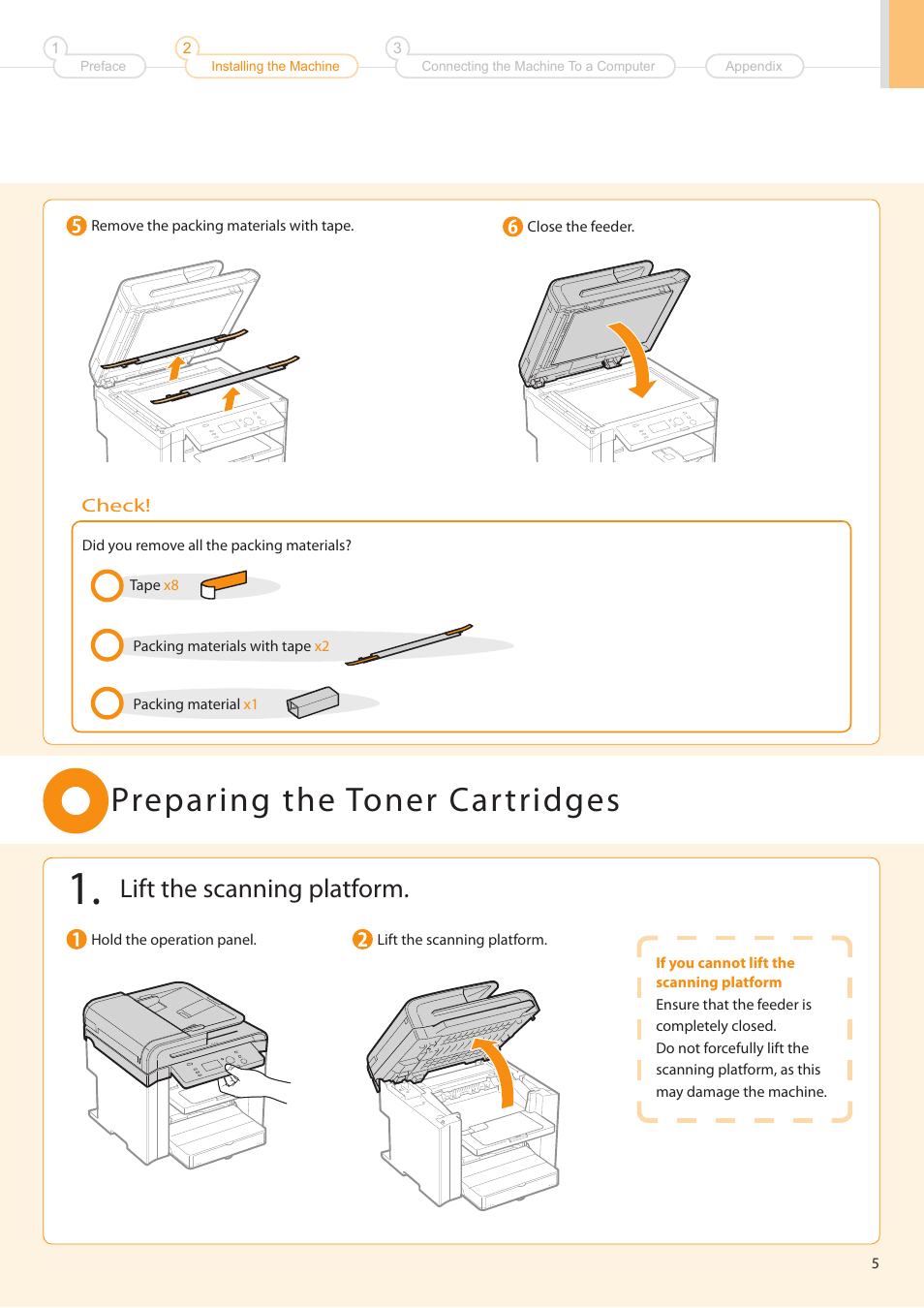 Preparing the toner car tridges, Lift the scanning platform | Canon imageCLASS D550 User Manual | Page 7 / 28