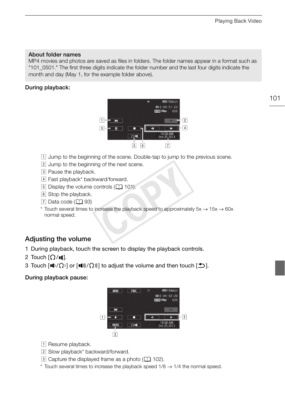 Adjusting the volume 101, Cop y | Canon XA25 User Manual | Page 101 / 187